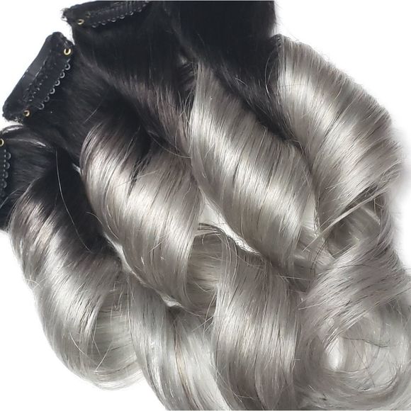 Black silver grey ombre real human hair extensions clip in